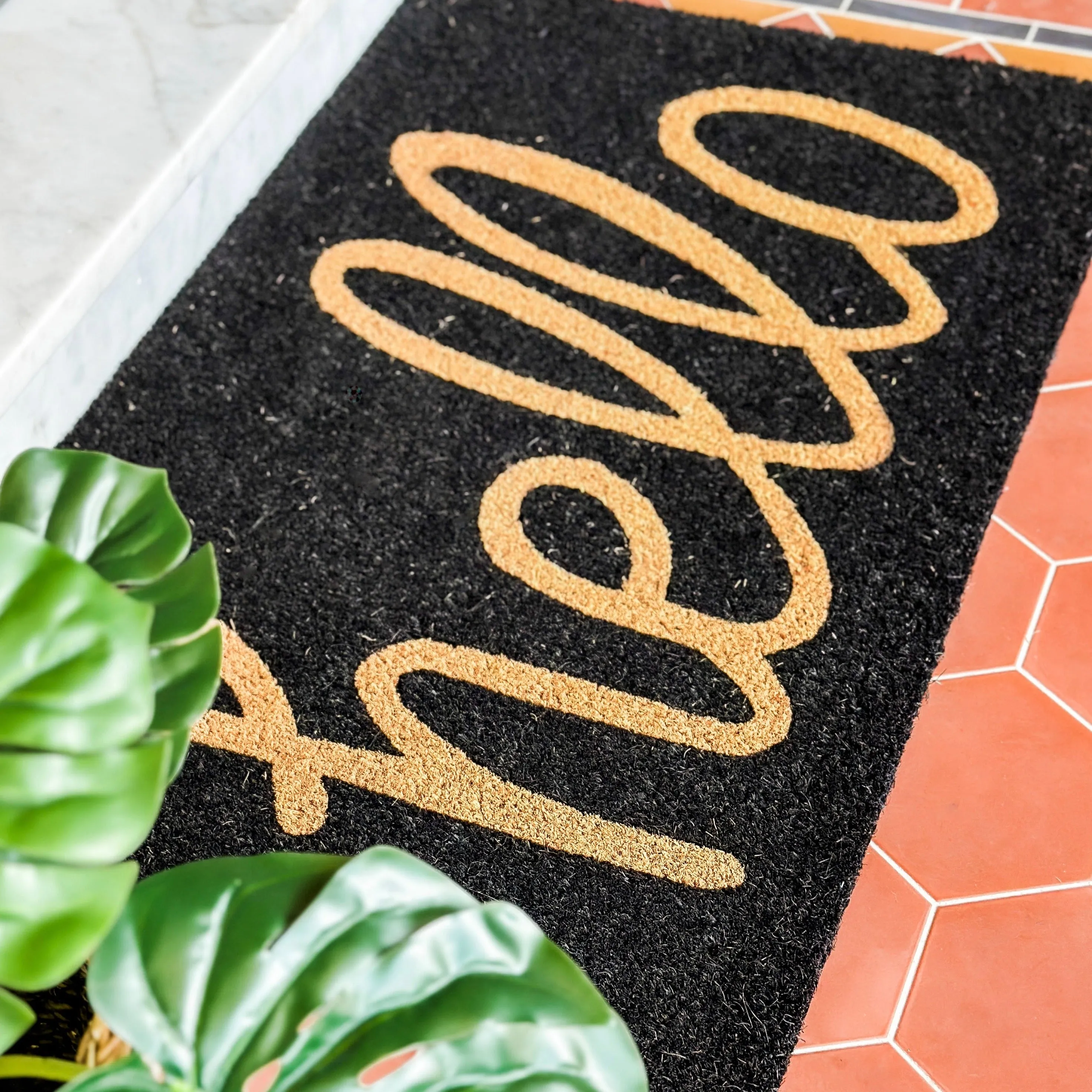 Black And Natural PVC Backed Long Hello Doormat