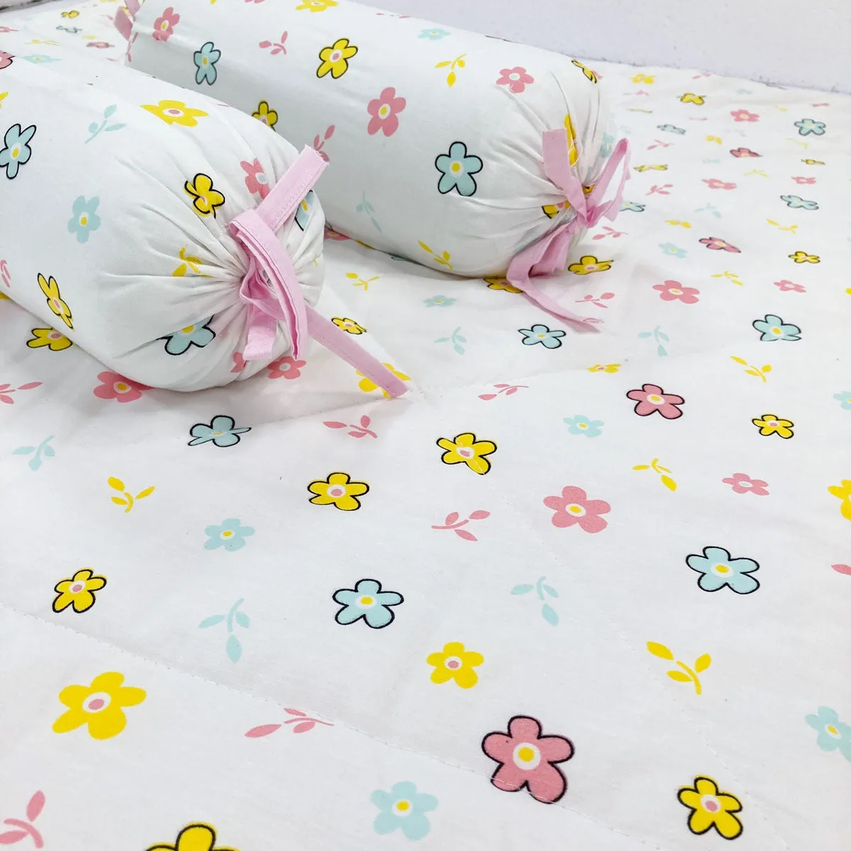 Cotton Baby Bed with 2 Bolster Pillow / Playmat -Flower