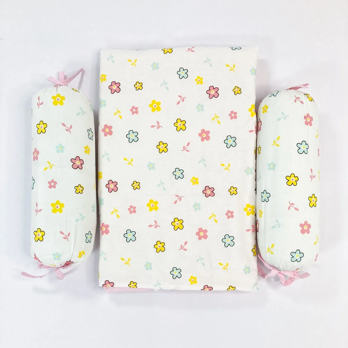 Cotton Baby Bed with 2 Bolster Pillow / Playmat -Flower