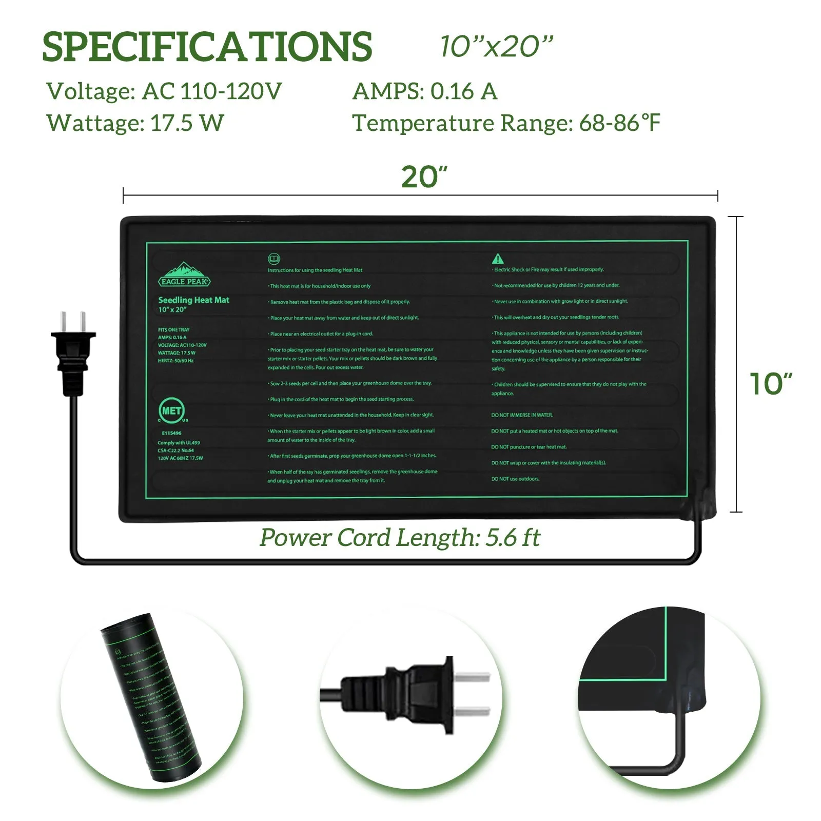 EAGLE PEAK 2 Pack Waterproof Seedling Heat Mat 10” x 20”, UL & MET-Certified Heating Pad for Seed Starting, Seed Germination, Warm Hydroponic Gardening Heating Pad, Contains (2) Warming Mats