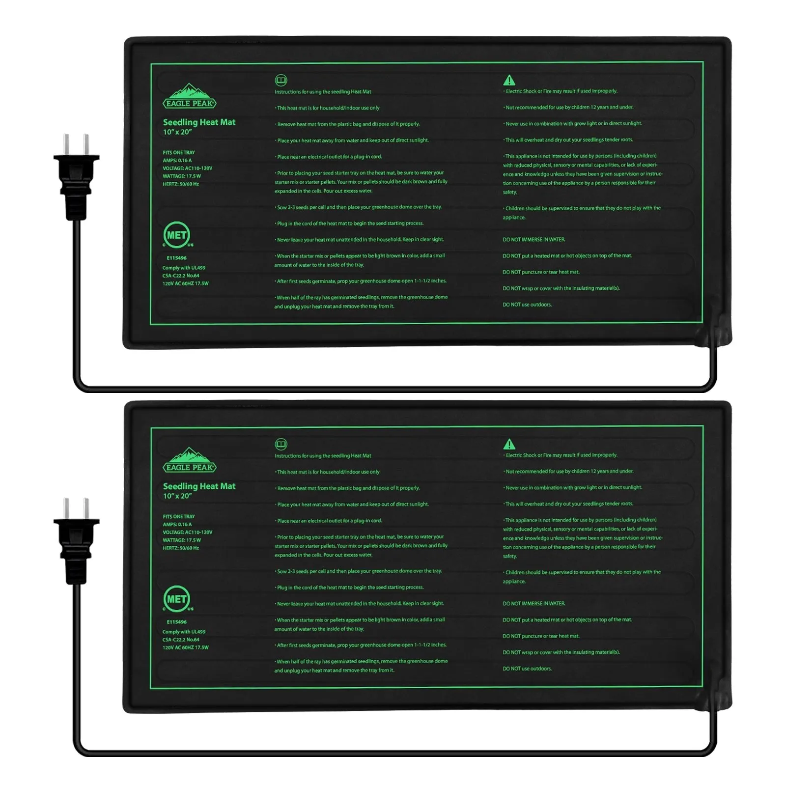 EAGLE PEAK 2 Pack Waterproof Seedling Heat Mat 10” x 20”, UL & MET-Certified Heating Pad for Seed Starting, Seed Germination, Warm Hydroponic Gardening Heating Pad, Contains (2) Warming Mats