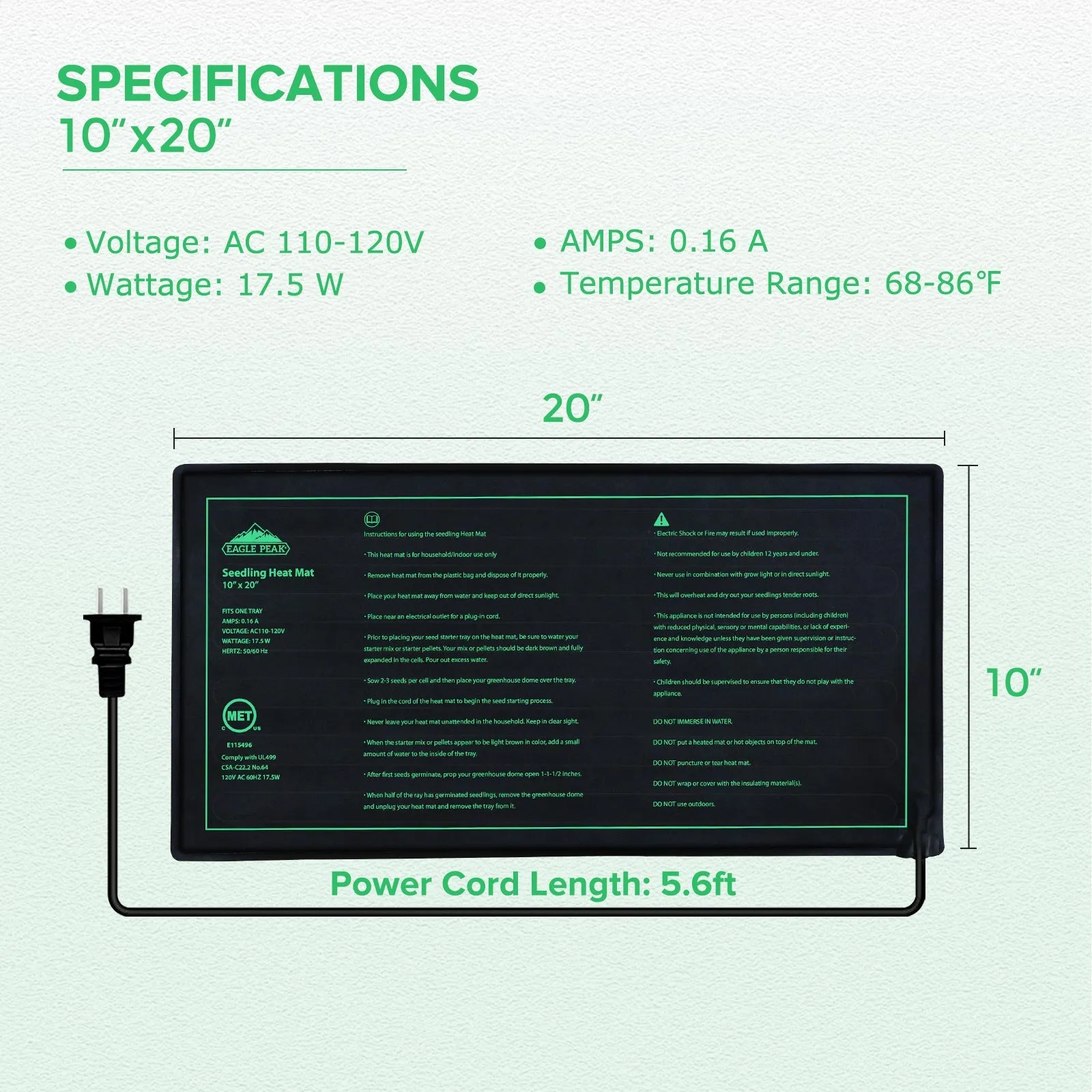 EAGLE PEAK Seedling Heat Mat 10”x20”, UL & MET-Certified Heating Pad for Seed Starting, Waterproof Heating Mat for Seed Germination, Warm Hydroponic Gardening Heating Pad, Contains (1) Warming Mat