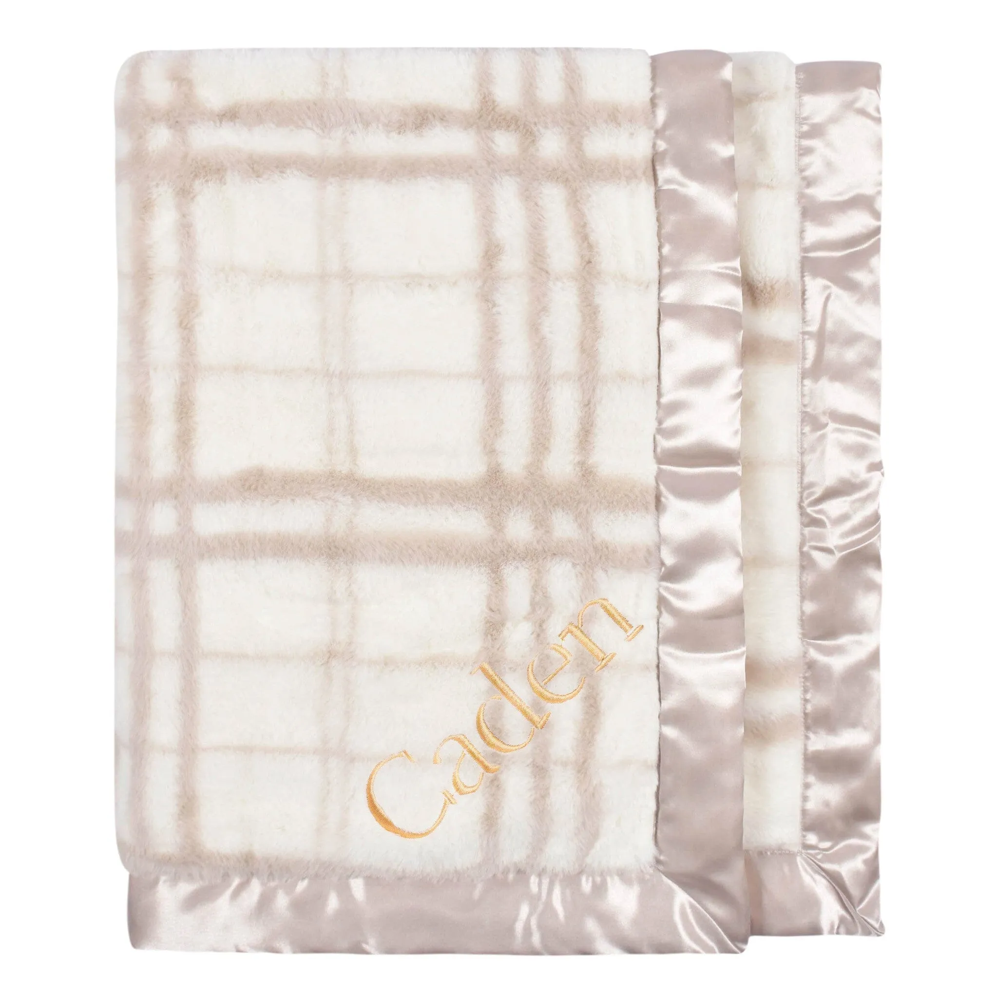 Embroidered Tan Plaid Plush Blanket