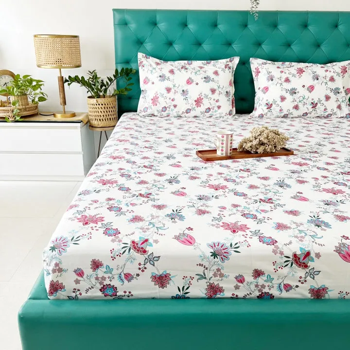 Fitted King Size Cotton Bedsheet - Paradise Pink & Blue