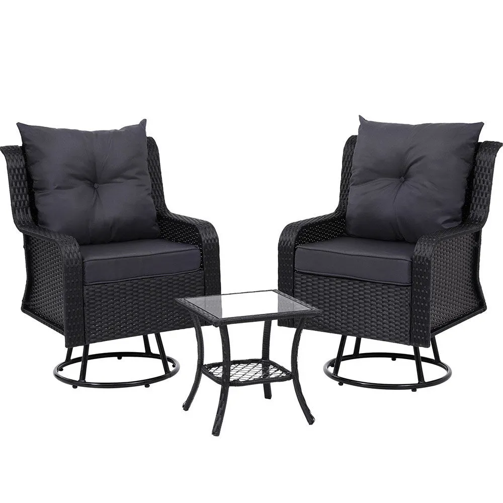 Gardeon Outdoor Chairs Patio Furniture Lounge Setting 3 Pcs Wicker Swivel Chair Table Bistro Set