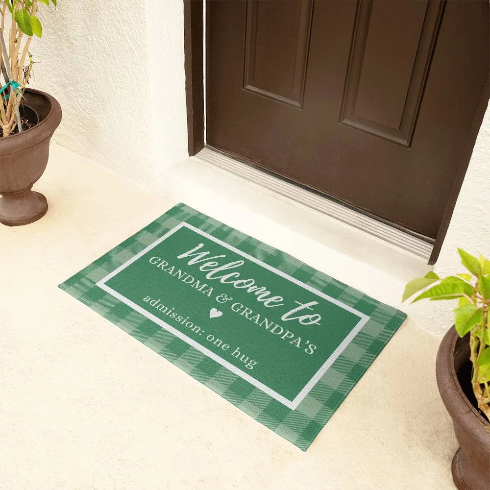 Green Plaid Grandma and Grandpa Indoor Outdoor Welcome Door Mat