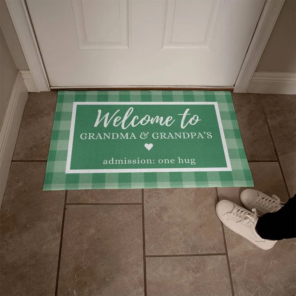 Green Plaid Grandma and Grandpa Indoor Outdoor Welcome Door Mat