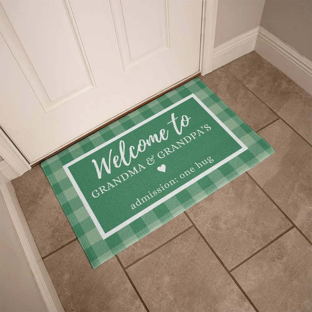 Green Plaid Grandma and Grandpa Indoor Outdoor Welcome Door Mat