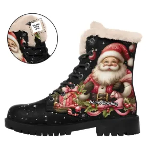 Personalized Santa Winter Boots, Custom Fur Lining Boots, Lace Up Boots for Christmas Gift