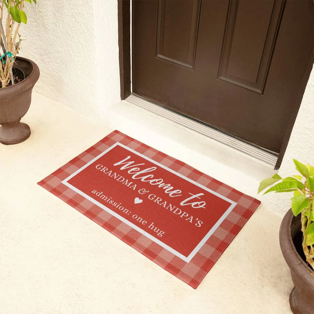 Red Plaid Grandma and Grandpa Indoor Outdoor Welcome Door Mat