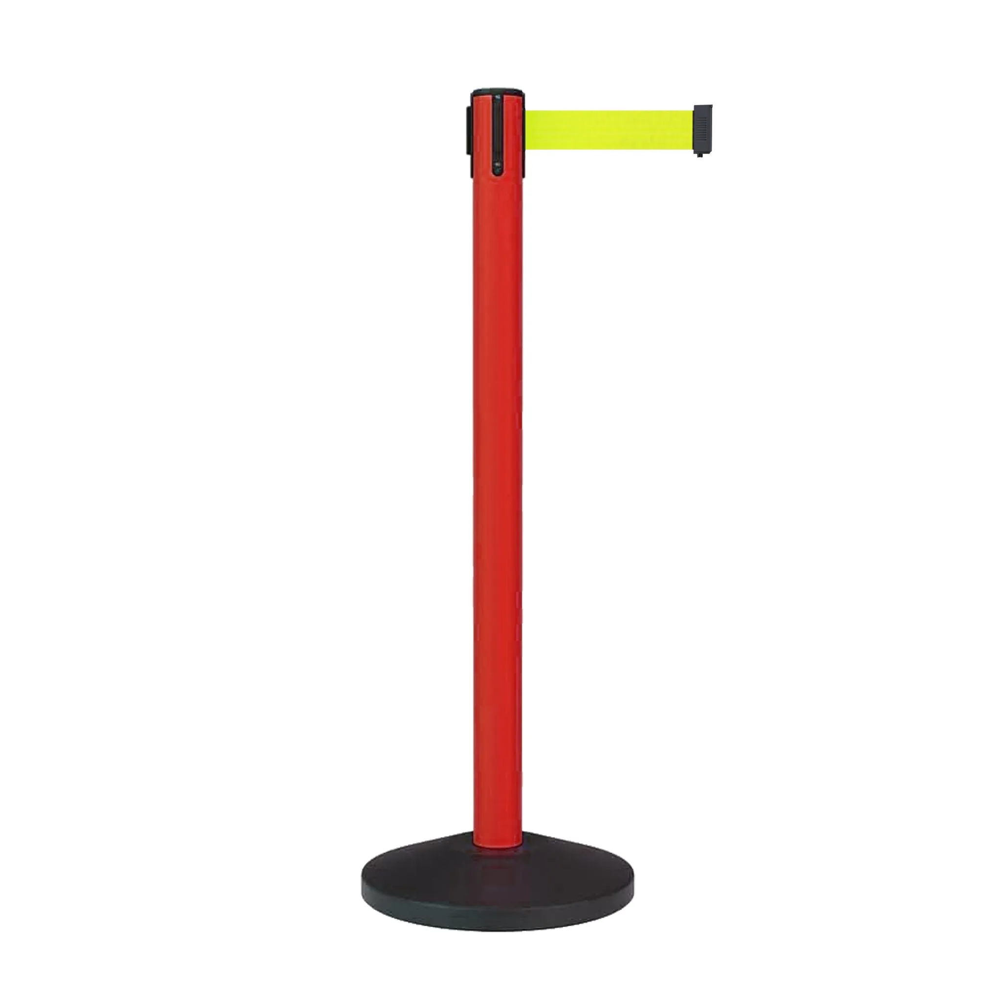 Retractable Belt Barrier Stanchion, Sloped Base, Red Post, 11 ft Belt - Montour Line MS630