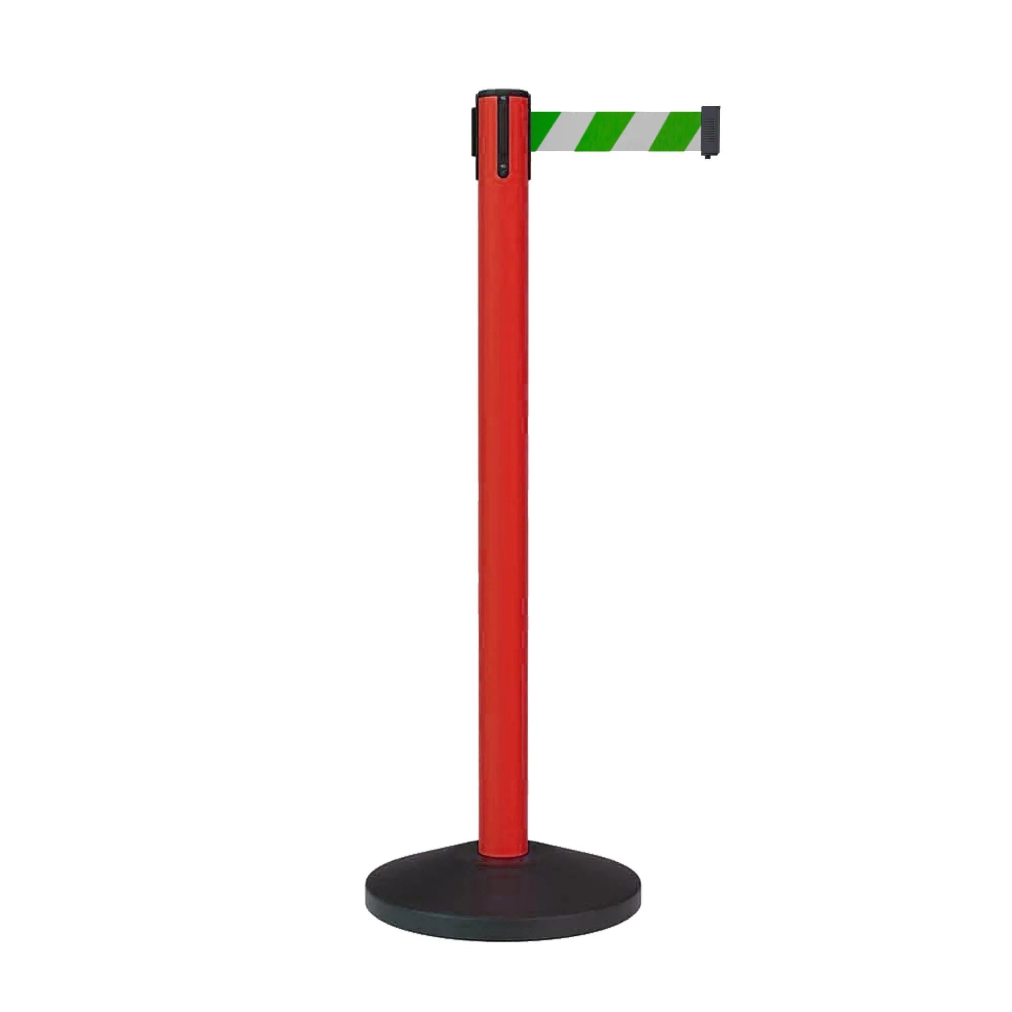 Retractable Belt Barrier Stanchion, Sloped Base, Red Post, 11 ft Belt - Montour Line MS630