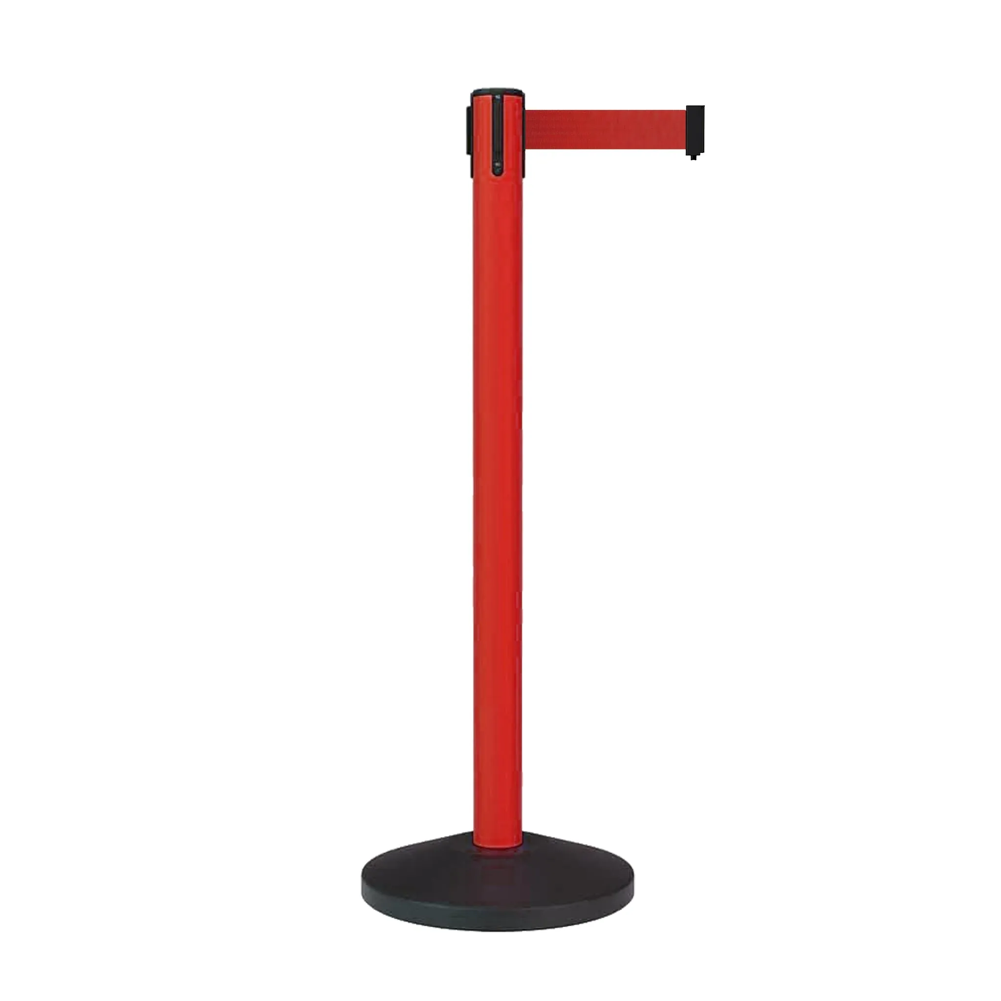 Retractable Belt Barrier Stanchion, Sloped Base, Red Post, 11 ft Belt - Montour Line MS630