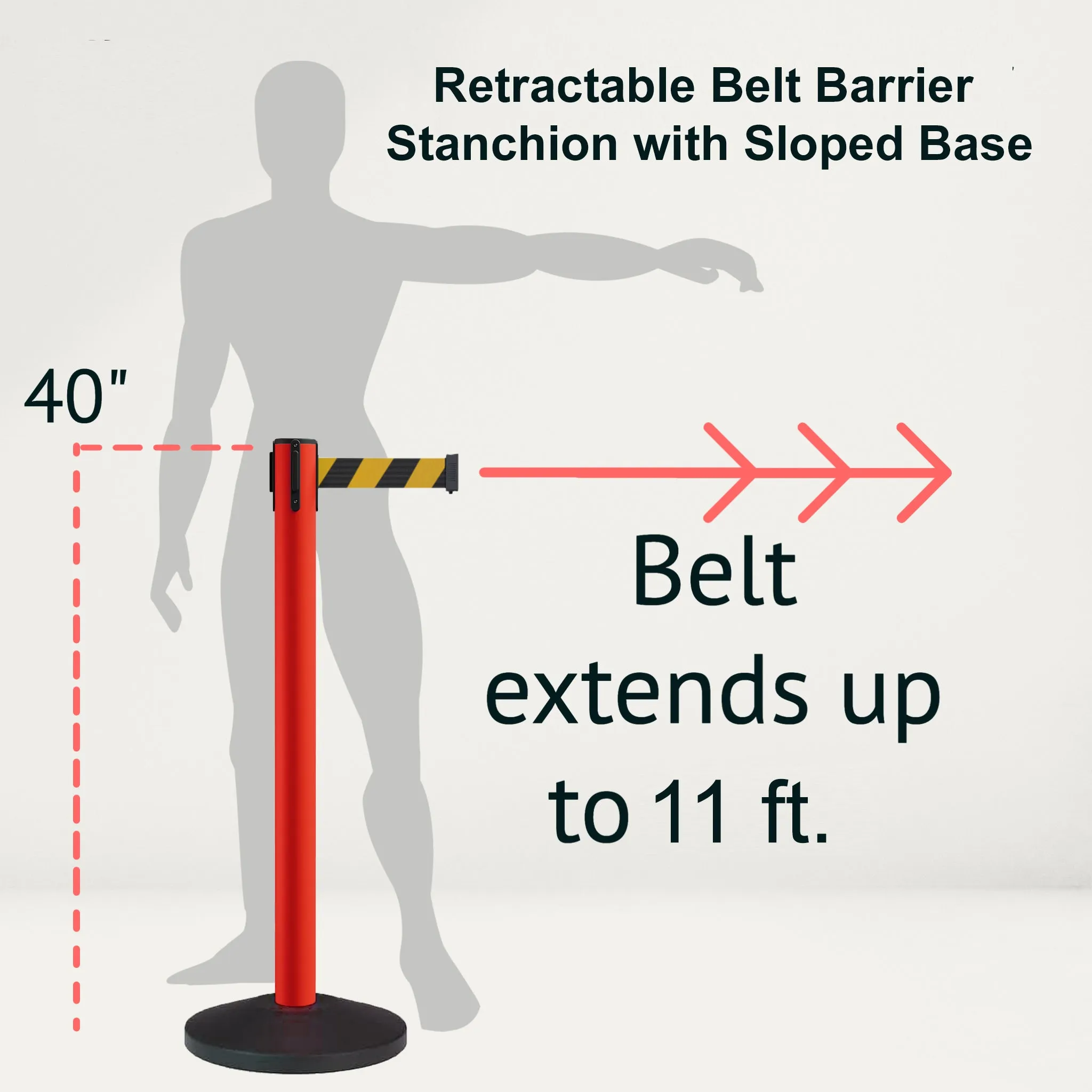 Retractable Belt Barrier Stanchion, Sloped Base, Red Post, 11 ft Belt - Montour Line MS630