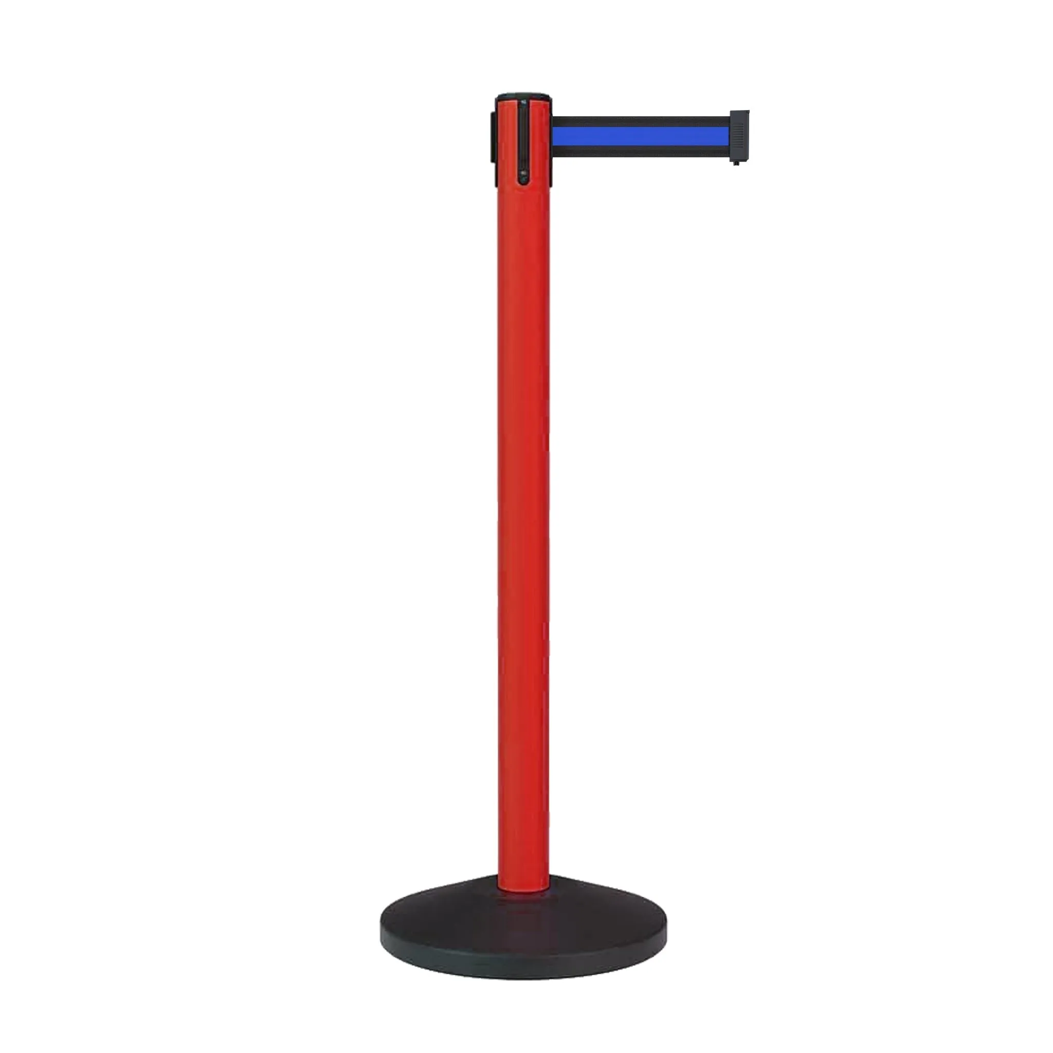 Retractable Belt Barrier Stanchion, Sloped Base, Red Post, 11 ft Belt - Montour Line MS630